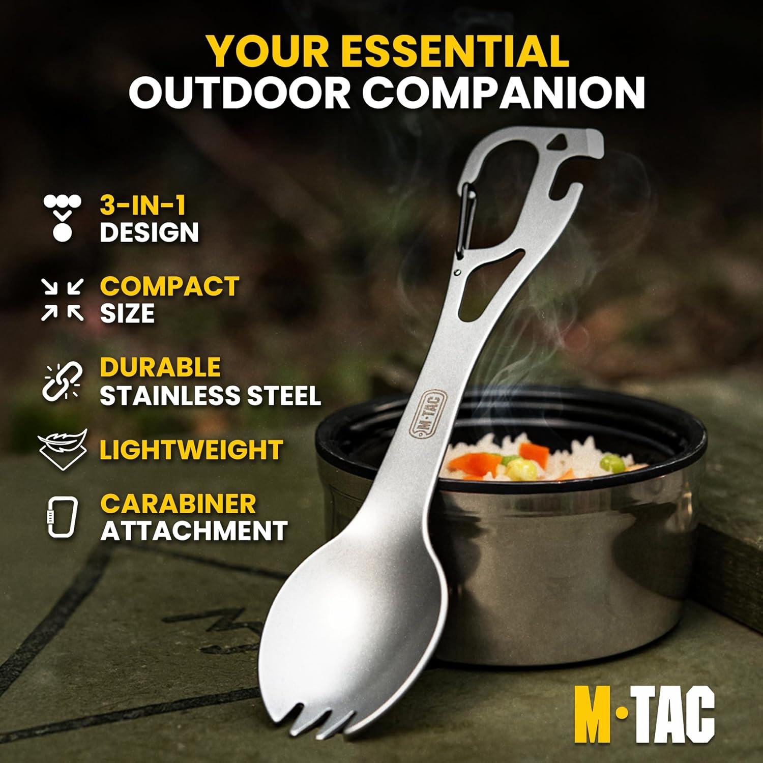 image:imageMTac 4in1 Tactical Cutlery Set Folding Spoon Knife Fork amp Bottle Opener Compact Stainless Steel Flatware for Camping amp EDC3 in 1