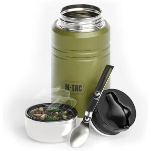 M-Tac Thermo Water Bottle Type 2 for Cold & Hot Beverages – Stainless Steel Thermos Leakproof Vacuum Insulated Flask Travel Coffee Mug (Olive, 44 oz)(Olive with Spoon)