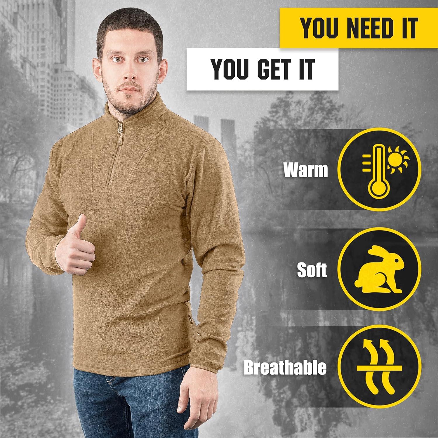 image:imageMTac Mens Fleece Quarter Zip Pullover Tactical Thermal Long Sleeve Sweater with High Mock Neck for Outdoor WorkCoyote Brown